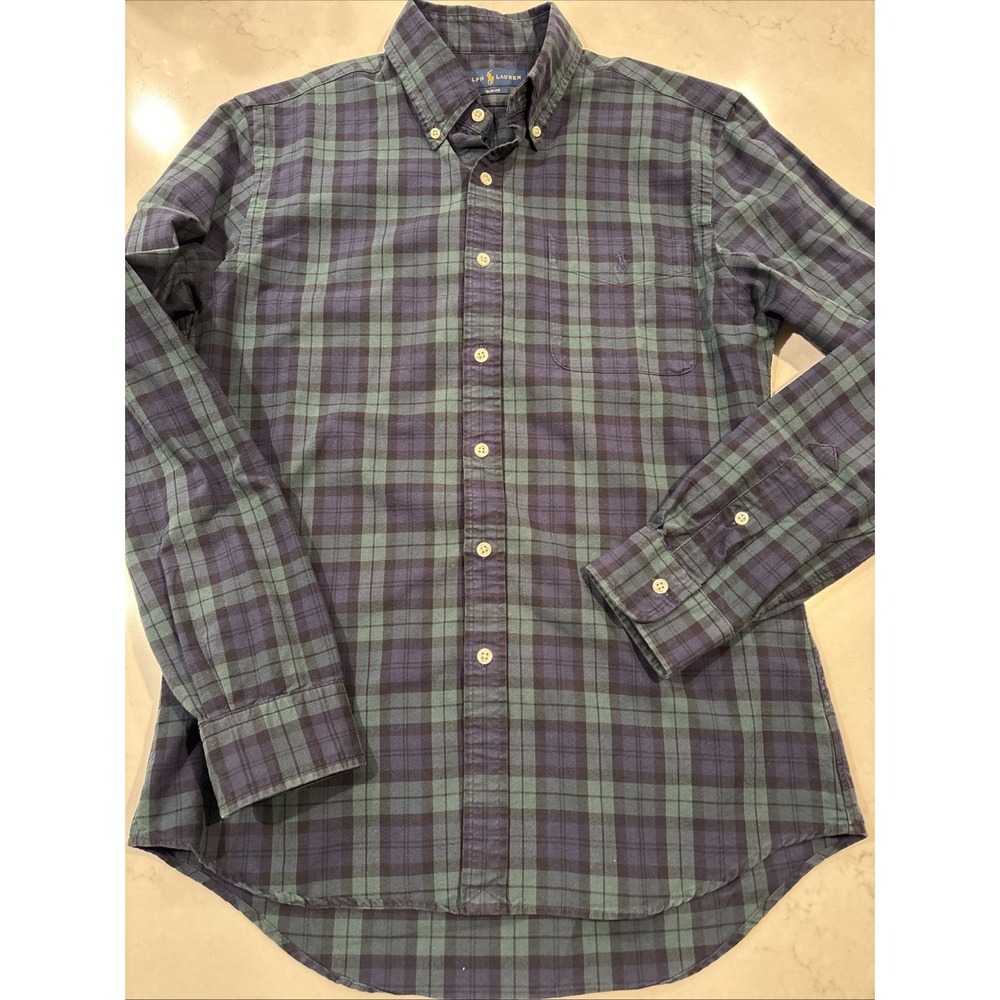Polo Ralph Lauren Shirt Men M Green Blue Blackwatch Tartan Plaid Slim Fit Cotton